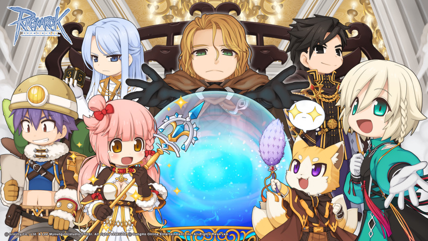 +_+, 1girl, 6+boys, :3, :d, animal_collar, animal_ear_fluff, animal_ears