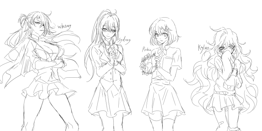 4girls, absurdres, blush, bow, bowtie, breasts, character_name, chinese_commentary