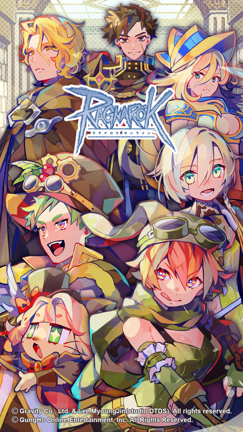 +_+, 3girls, 4boys, :q, animal_ear_fluff, armor, arrow_(projectile), banner