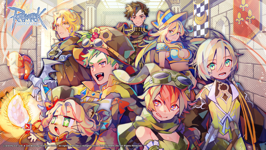 +_+, 3girls, 4boys, :q, animal_ear_fluff, armor, arrow_(projectile), banner