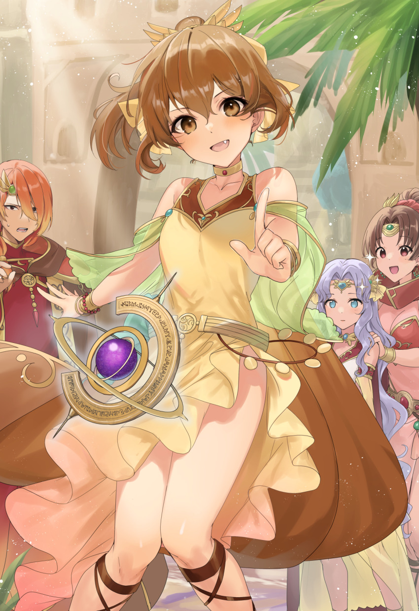 1boy, 3girls, alternate_costume, blue_eyes, breasts, brown_eyes, brown_hair, choker