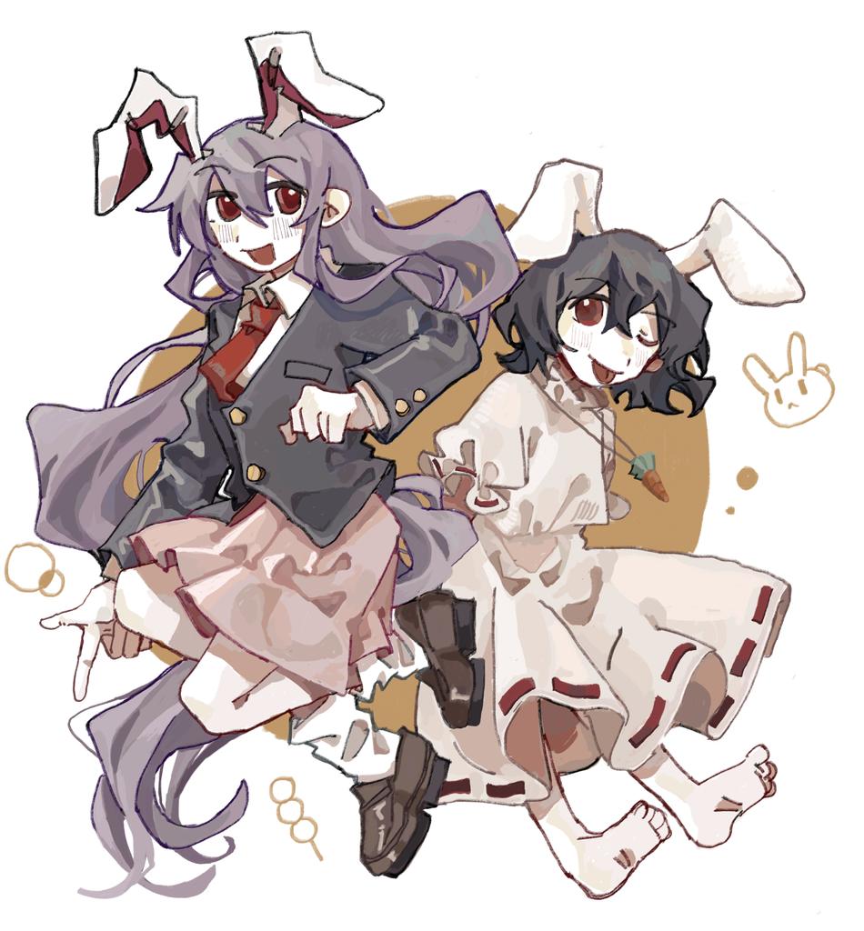 2girls, ;p, aaayamitsu, absurdly_long_hair, animal_ears, ankle_socks, back-to-back, barefoot