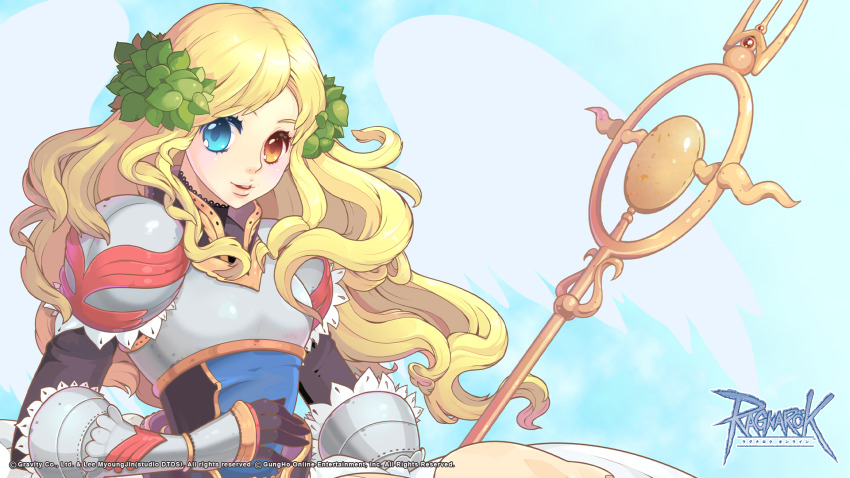 1girl, armor, black_shirt, blonde_hair, blue_background, blue_eyes, blue_tabard, blush