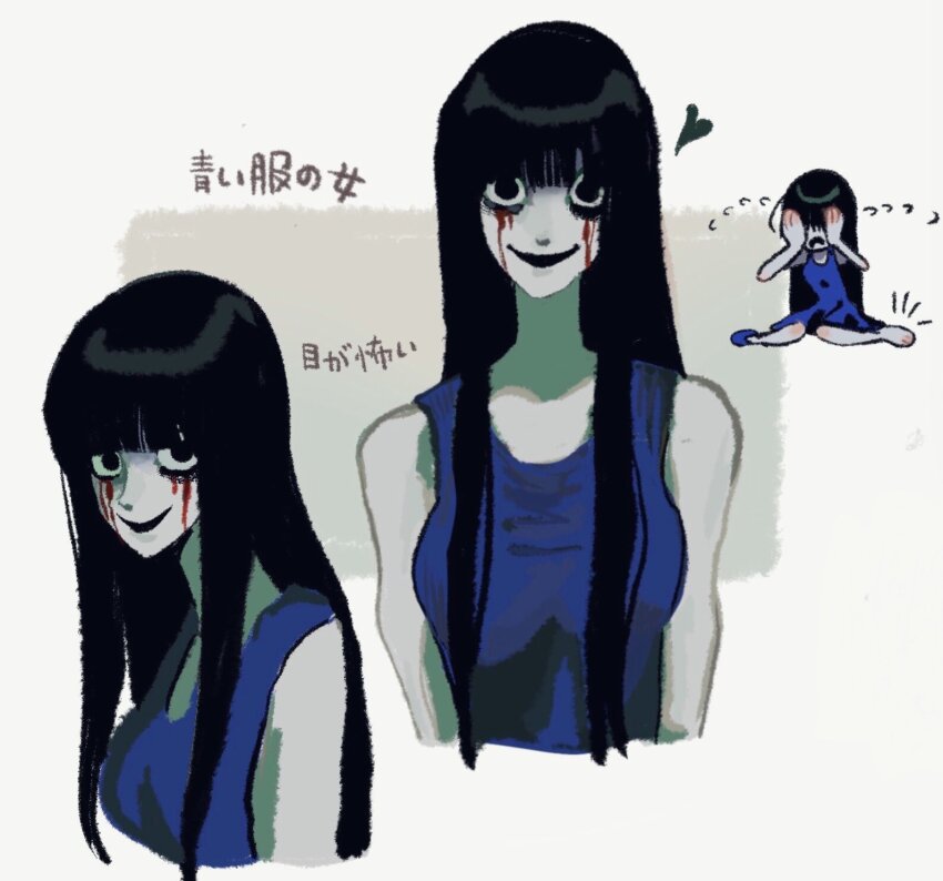 1girl, black_eyes, black_hair, blood, bloody_tears, blue_dress, crying, dress