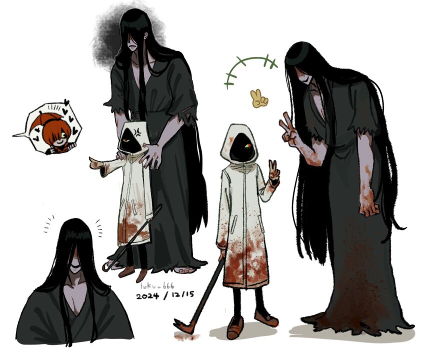 +++, 1girl, 2boys, black_hair, black_kimono, blood, blood_on_clothes, blood_on_hands