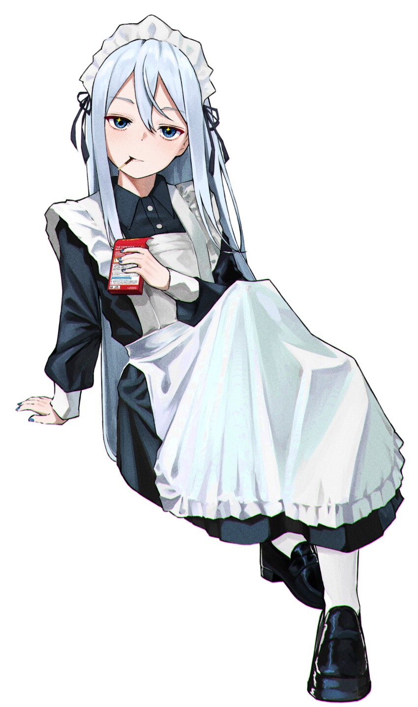 1girl, absurdres, apron, black_dress, black_shoes, blue_eyes, blue_hair, box, coelacanth_(ken1984), collared_dress, commentary, dress, food, food_in_mouth, frilled_hairband, frills, hair_between_eyes, hairband, highres, holding, holding_box, loafers, long_hair, long_sidelocks, looking_at_viewer, maid, maid_headdress, pocky, pocky_in_mouth, project_sekai, shoes, sidelocks, simple_background, smug, socks, solo, star_(symbol), star_in_eye, symbol_in_eye, very_long_hair, white_apron, white_socks, wrist_cuffs, yoisaki_kanade