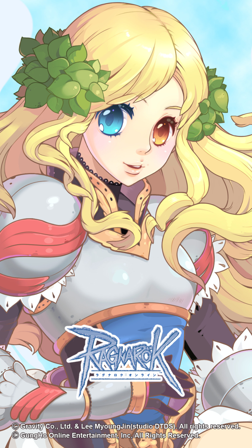 1girl, armor, black_shirt, blonde_hair, blue_background, blue_eyes, blue_tabard, blush, breastplate, copyright_notice, darkirin, feathered_wings, gauntlets, grey_wings, head_wreath, heterochromia, highres, logo, long_hair, looking_at_viewer, official_art, official_wallpaper, open_mouth, orange_eyes, pauldrons, ragnarok_online, shirt, shoulder_armor, sidelocks, smile, solo, tabard, upper_body, valkyrie_(ragnarok_online), wavy_hair, wings