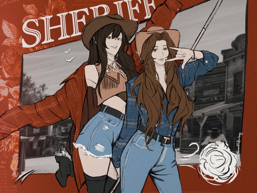 2girls, absurdres, aerith_gainsborough, almondtofu_boy, alternate_costume, belt, black_belt, black_footwear