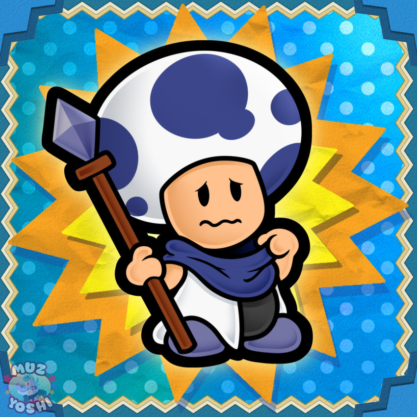 1boy, artist_logo, artist_name, blue_toad_(mario), closed_mouth, fice_t_(paper_mario), holding, logo