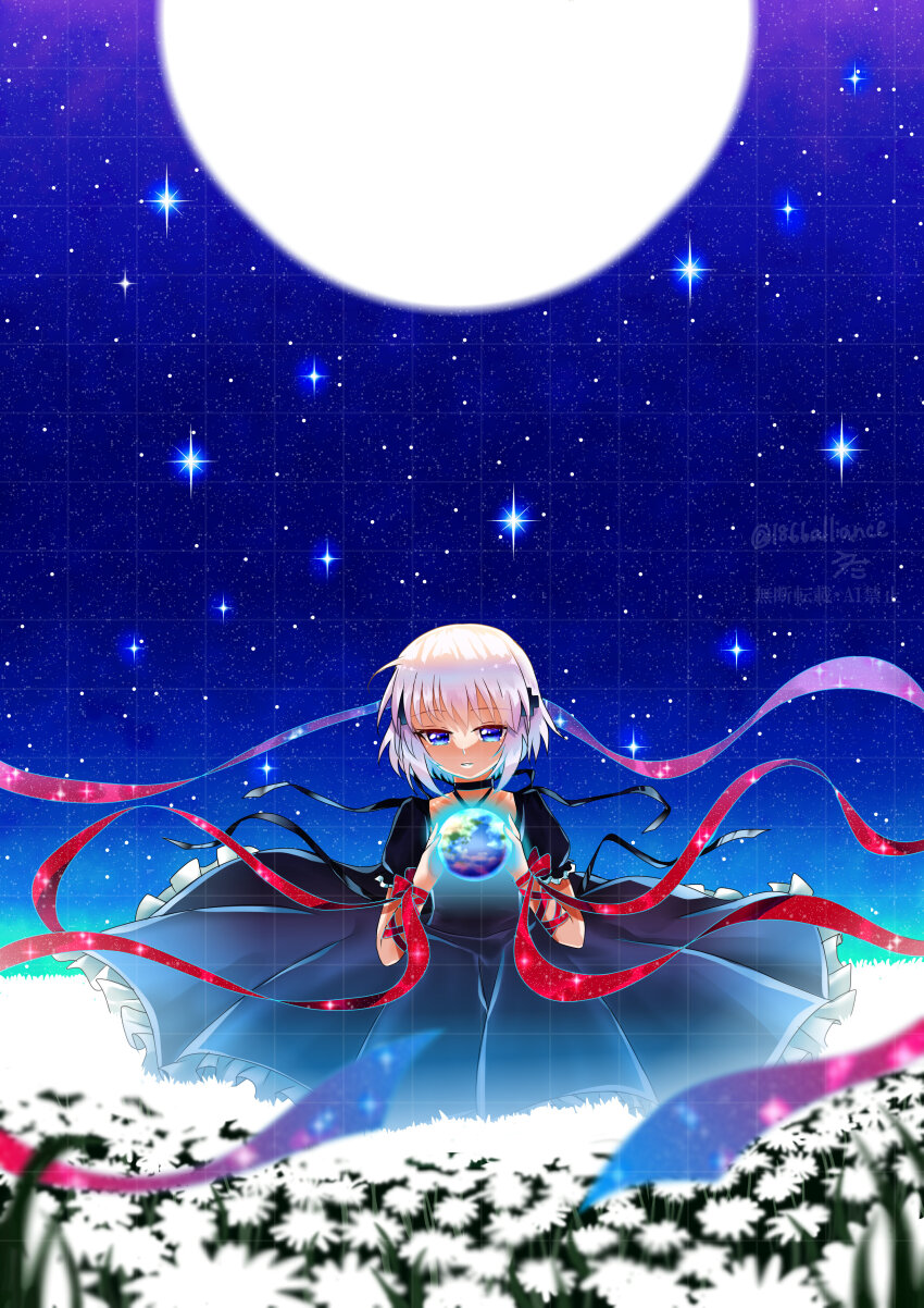 1866alliance, 1girl, absurdres, arm_ribbon, black_choker, black_dress, blue_eyes, blurry