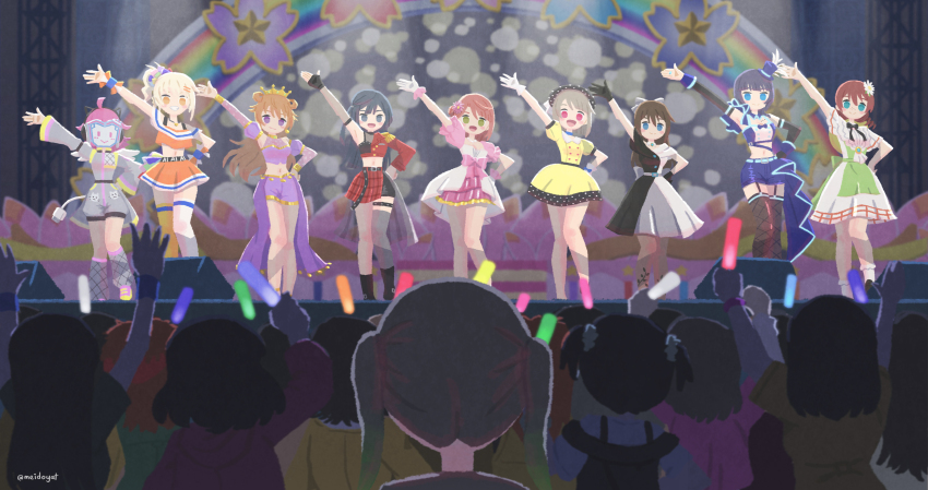 6+girls, :d, absurdres, ahoge, apron, arm_up, asaka_karin, asymmetrical_clothes