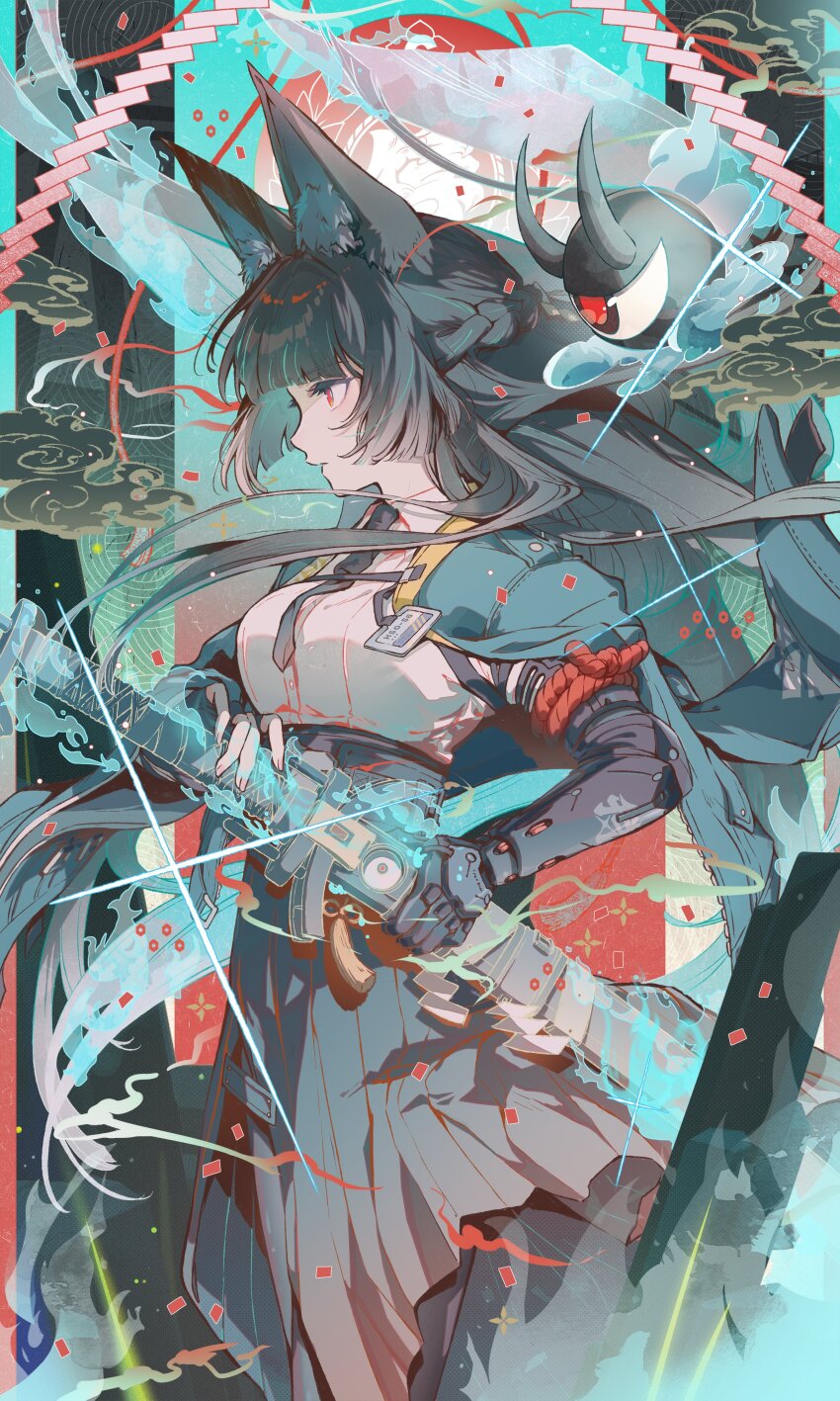 1girl, absurdres, animal_ear_fluff, animal_ears, black_hair, black_necktie, black_skirt, blunt_bangs