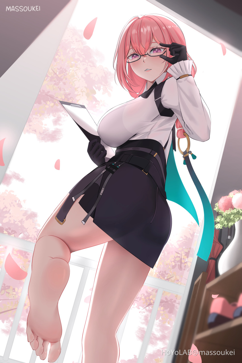 1girl, absurdres, ass, bare_legs, barefoot, black_gloves, black_skirt, bra_visible_through_clothes, breasts, cherry_blossoms, falling_petals, feet, from_behind, glasses, gloves, highres, holding, holding_notepad, hoyolab_username, large_breasts, legs, long_hair, massoukei, notepad, parted_lips, pencil, petals, pink_hair, plant, potted_plant, purple_eyes, shirt, skirt, soles, solo, toes, tsukishiro_yanagi, white_shirt, zenless_zone_zero