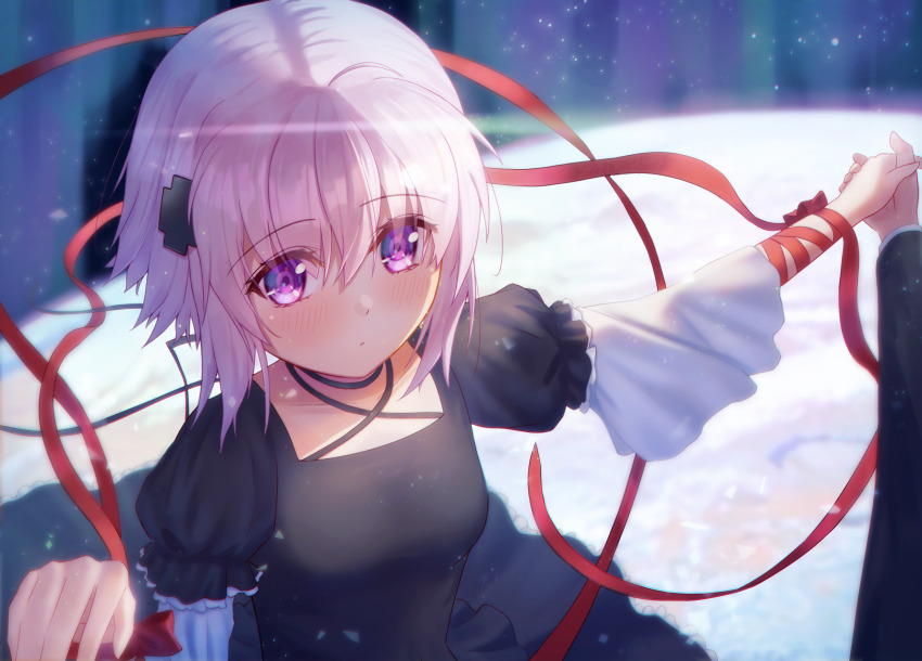 1boy, 1girl, ahoge, arm_ribbon, aurora, black_choker, black_dress, blush