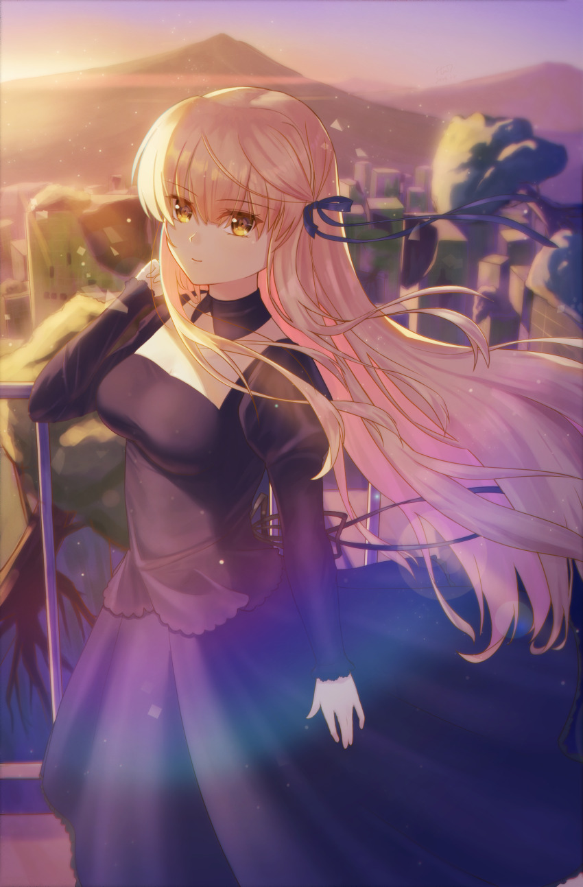 1girl, absurdres, arm_at_side, backlighting, black_bow, black_dress, black_ribbon, blunt_bangs