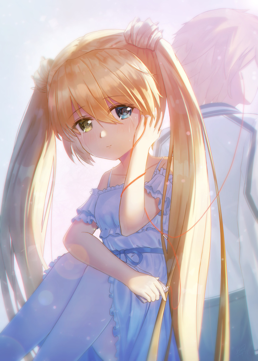 1boy, 1girl, absurdres, back-to-back, backlighting, blonde_hair, blue_eyes, blue_ribbon