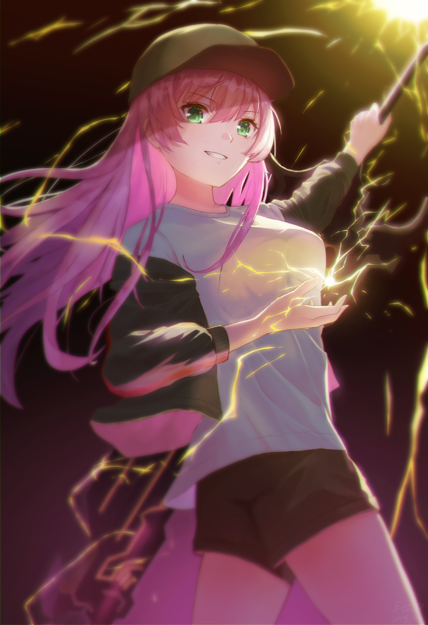 1girl, :d, absurdres, aikawa_megumi, aikawa_megumi_(casual), arm_up, baseball_cap, black_hat