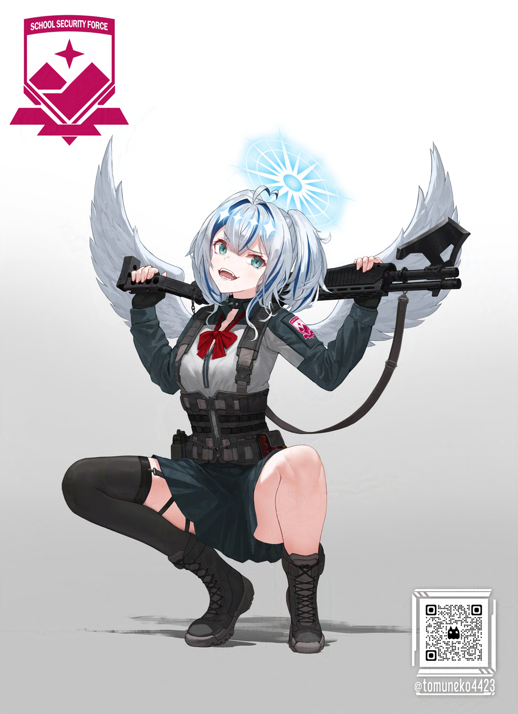 1girl, ahoge, amano_serafi, aqua_eyes, black_boots, black_gloves, black_thighhighs, blue_hair, boots, bow, bowtie, fingerless_gloves, gloves, grey_hair, gun, highres, holding, holding_gun, holding_weapon, holstered, lace-up_boots, logo, multicolored_hair, open_mouth, over_shoulder, qr_code, red_bow, red_bowtie, single_thighhigh, skirt, solo, squatting, streaked_hair, thighhighs, tom-neko_(zamudo_akiyuki), twitter_username, v&amp;u_entertainment, virtual_youtuber, weapon, weapon_over_shoulder, white_wings, wings