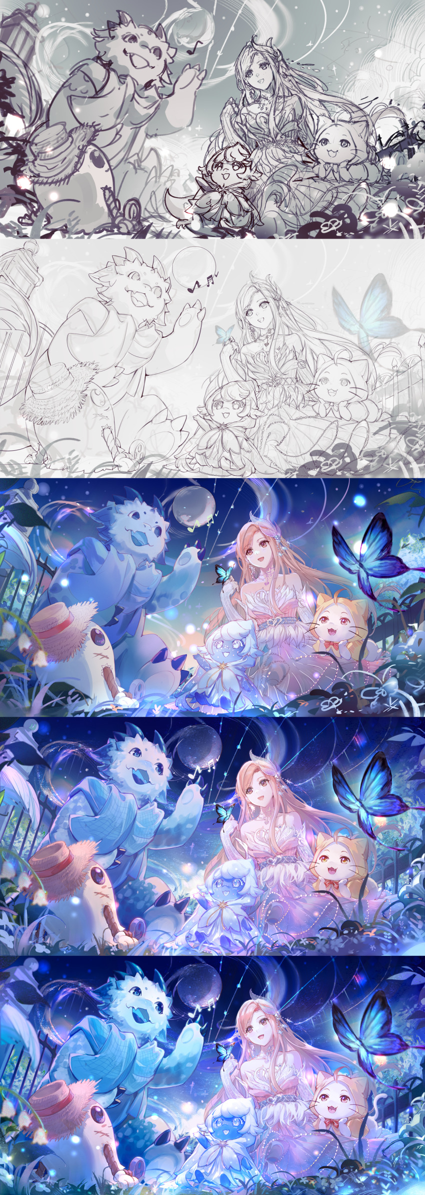 1girl, absurdres, animal, bare_shoulders, belt, belt_buckle, blue_butterfly, bow