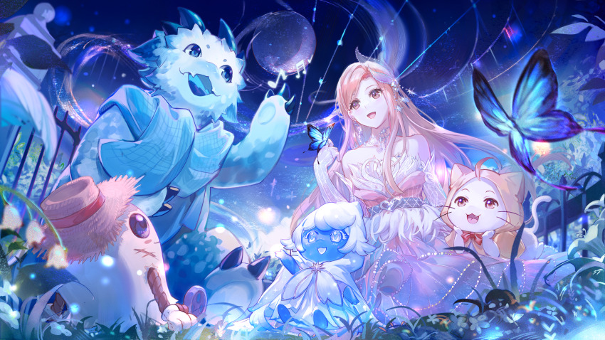 1girl, animal, bare_shoulders, belt, belt_buckle, blue_butterfly, bow, bowtie