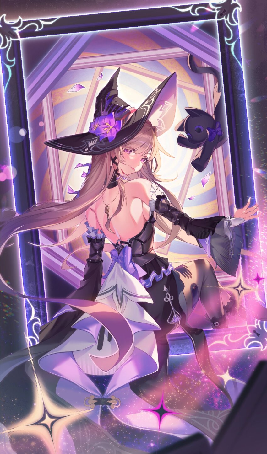 1girl, :p, acsuck, backless_dress, backless_outfit, bare_shoulders, black_hat, black_pantyhose, black_sleeves, commentary, detached_sleeves, dress, flower, from_behind, grey_hair, hat, hat_flower, herta_(honkai:_star_rail), highres, honkai:_star_rail, honkai_(series), long_hair, long_sleeves, looking_at_viewer, looking_back, official_alternate_costume, painting_(object), pantyhose, purple_eyes, purple_flower, sleeveless, sleeveless_dress, solo, star_(symbol), the_herta_(honkai:_star_rail), tongue, tongue_out, very_long_hair, wide_sleeves, witch_hat