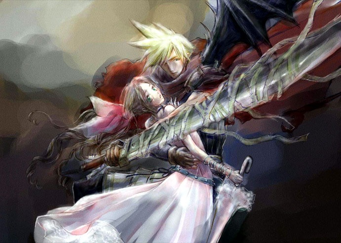 1990s_(style), 1boy, 1girl, aerith_gainsborough, bad_id, bad_pixiv_id, blonde_hair, blue_eyes, bracelet, brown_hair, buster_sword, choker, cloud_strife, dress, final_fantasy, final_fantasy_vii, green_eyes, hair_ribbon, hikky-meg, jewelry, kingdom_hearts, long_dress, long_hair, md5_mismatch, pink_dress, ponytail, ribbon, scarf, sword, umbrella, weapon, wings