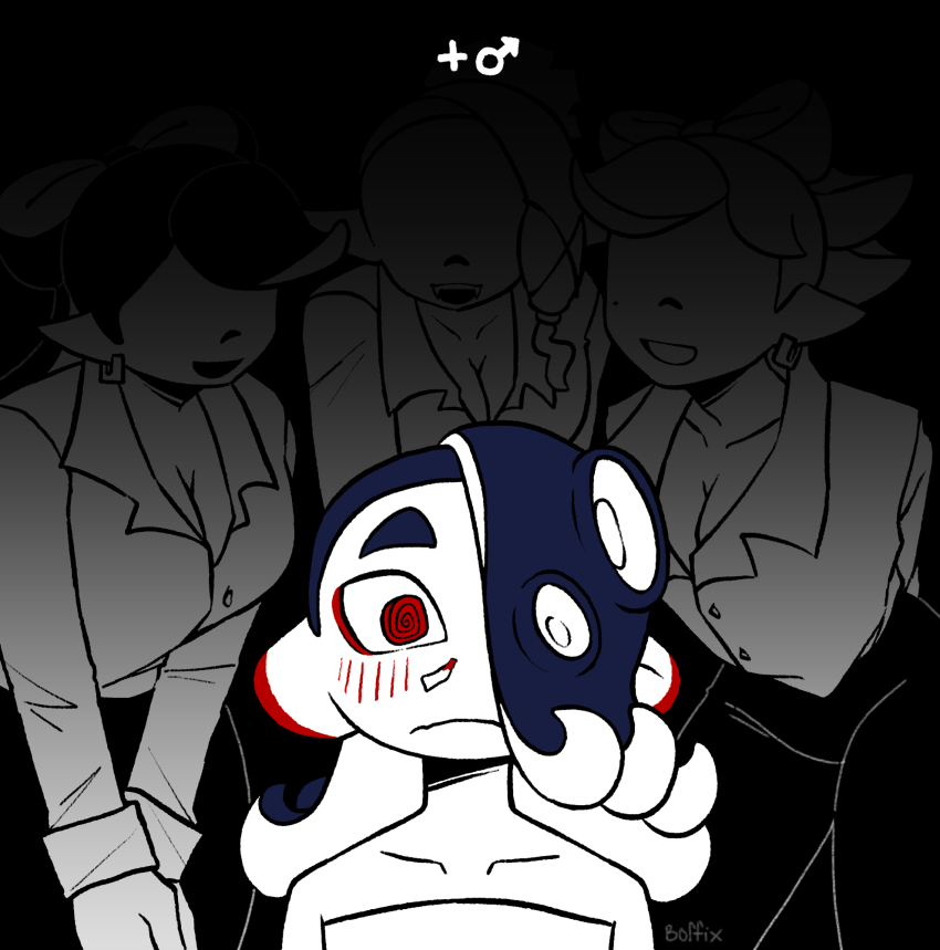 4girls, @_@, arms_behind_back, artist_name, asymmetrical_hair, bare_shoulders, behind_another, black_background