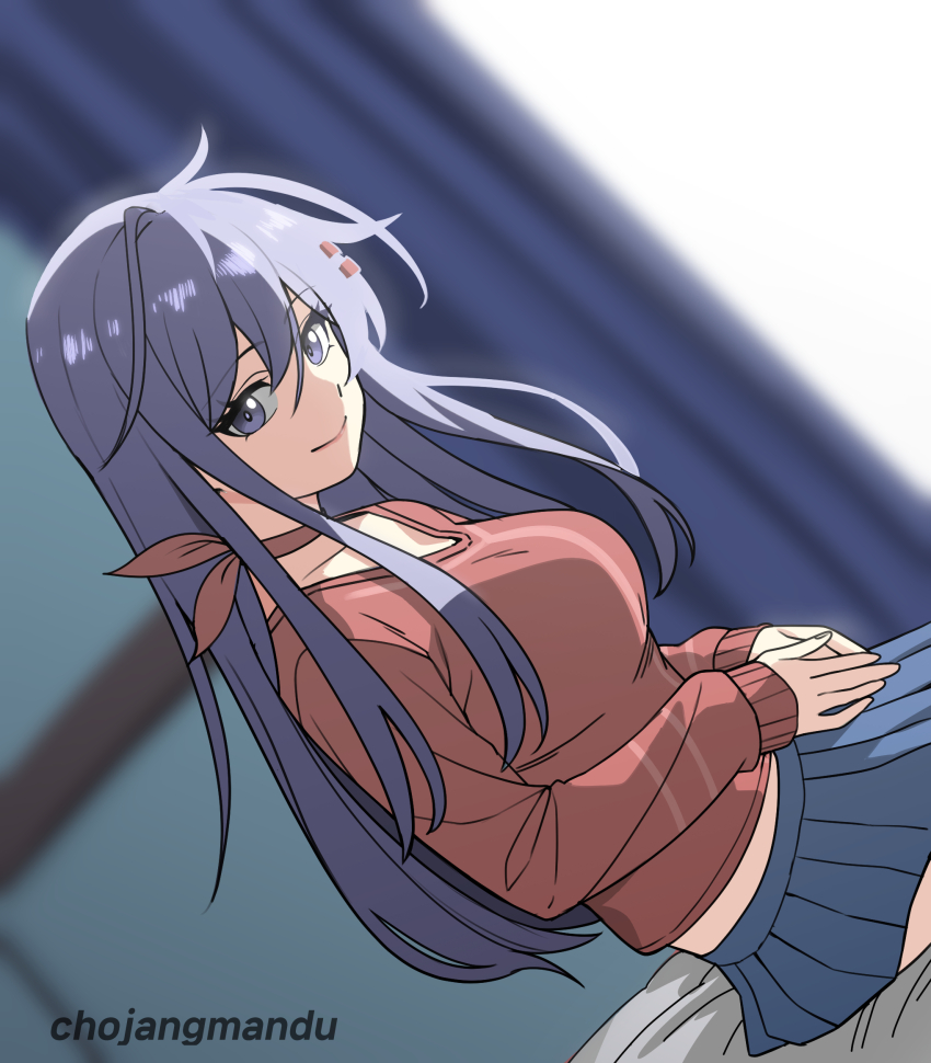 1girl, artist_name, blue_skirt, blurry, blurry_background, chojangmandu, choker, closed_mouth, commentary_request, cowboy_shot, dutch_angle, hair_ornament, hairclip, highres, indoors, kind_mita_(miside), korean_commentary, long_hair, looking_at_viewer, miniskirt, miside, mita_(miside), pleated_skirt, purple_eyes, purple_hair, red_choker, red_sweater, sitting, skirt, smile, solo, sweater, watermark