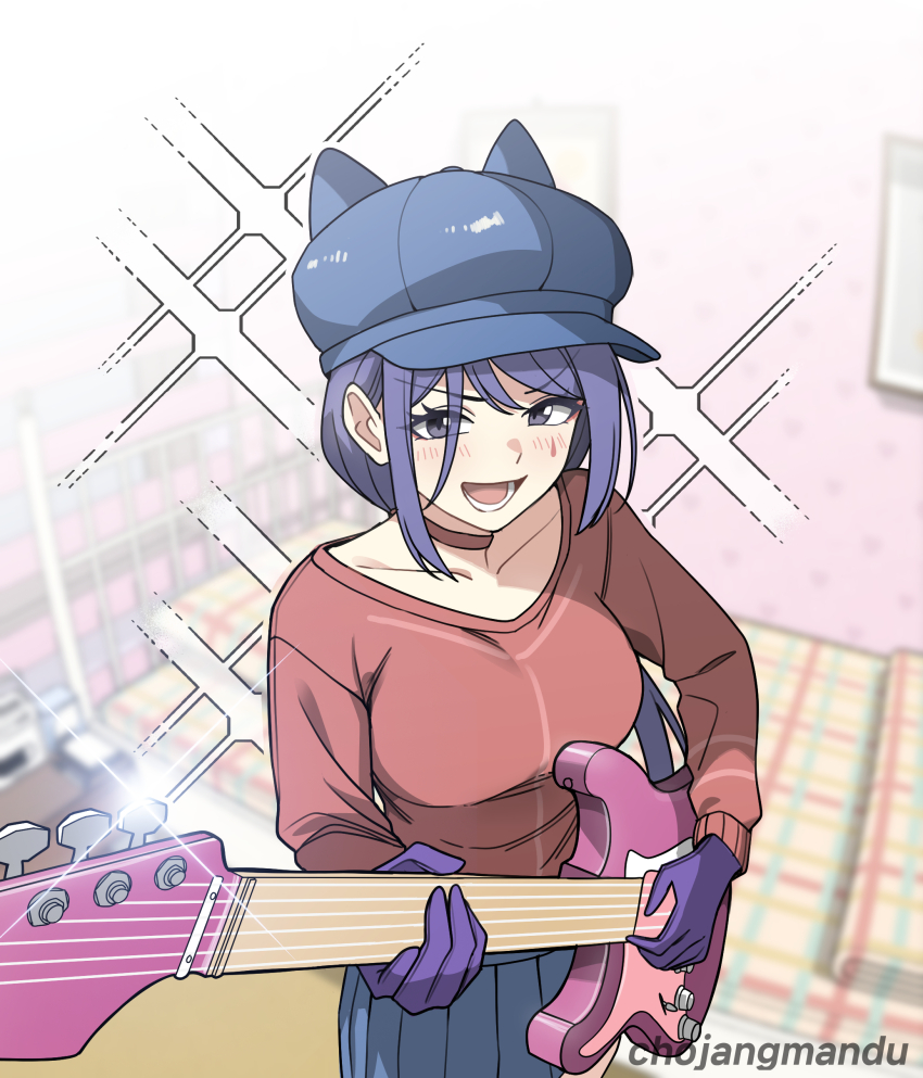 1girl, absurdres, artist_name, baseball_cap, bed, bedroom, blue_hat, blue_skirt, blurry, blurry_background, blush, chojangmandu, choker, commentary_request, cool_mita_(miside), cowboy_shot, electric_guitar, facial_mark, guitar, hat, highres, holding, holding_guitar, holding_instrument, indoors, instrument, korean_commentary, long_hair, miside, mita_(miside), music, playing_instrument, pleated_skirt, purple_eyes, purple_hair, red_choker, red_sweater, skirt, solo, standing, sweater, teardrop_facial_mark, watermark