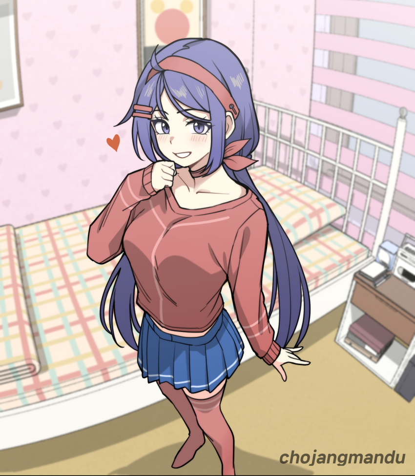1girl, artist_name, bed, bedroom, blue_skirt, blush, chojangmandu, choker, commentary_request, crazy_mita_(miside), foot_out_of_frame, hair_ornament, hairband, hairclip, heart, highres, indoors, korean_commentary, long_hair, long_sleeves, looking_at_viewer, low_twintails, miniskirt, miside, mita_(miside), pleated_skirt, purple_eyes, purple_hair, red_choker, red_hairband, red_sweater, red_thighhighs, skirt, smile, solo, standing, sweater, thighhighs, twintails, watermark