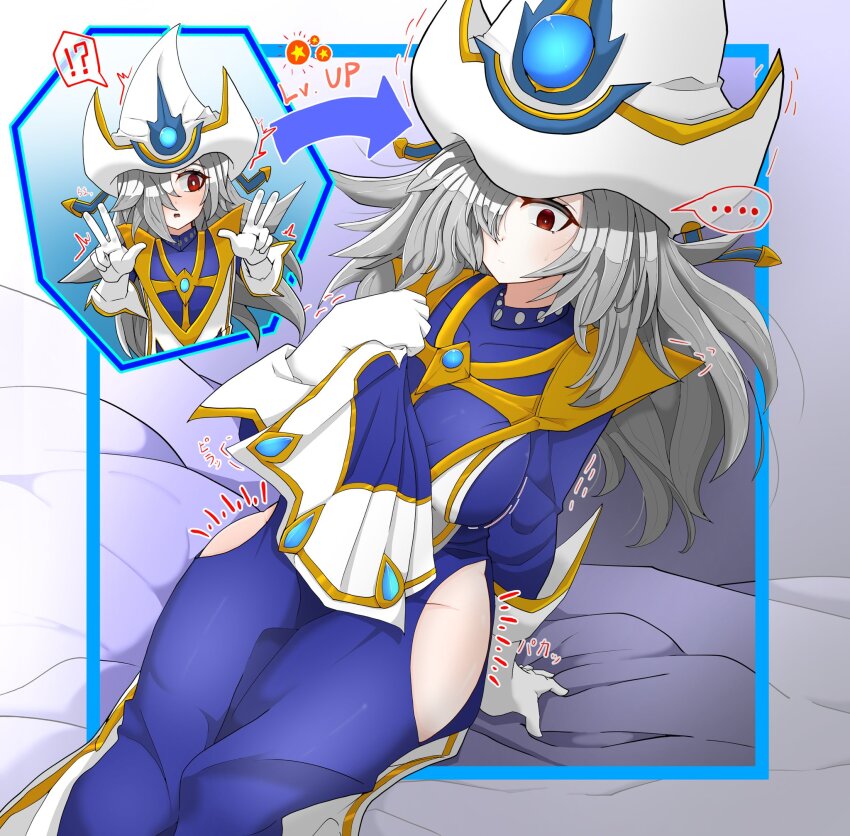 !?, ..., 1girl, age_progression, bare_hips, blue_dress, blush, clothing_cutout, dress, duel_monster, gloves, grey_hair, hair_over_one_eye, hat, highres, hip_vent, level_up, long_hair, red_eyes, silent_magician, silent_magician_zero, white_gloves, white_hat, wizard_hat, wize_(adklahniehov6ib), yu-gi-oh!