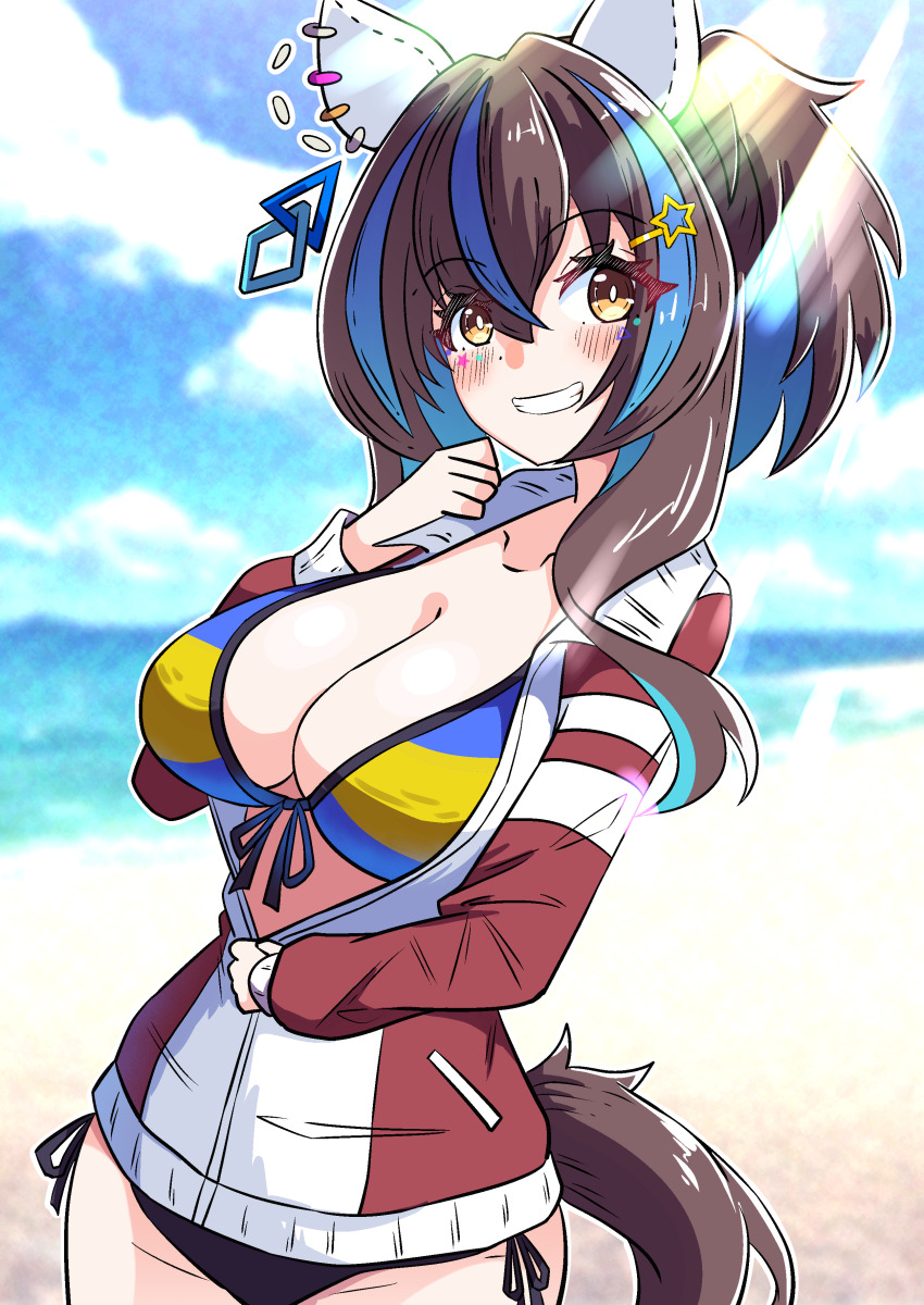 1girl, absurdres, akkunz, beach, bikini, blue_bikini, blue_hair, blue_sky