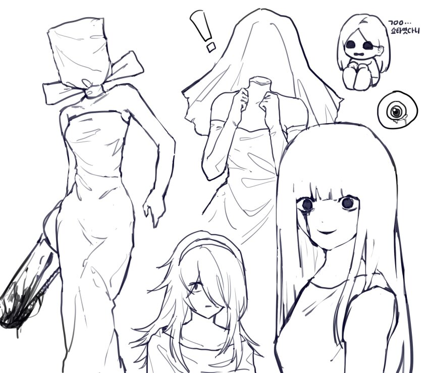 5girls, blood, bloody_tears, bloody_weapon, bridal_veil, chainsaw, child, dress, elbow_gloves, ghost_child_(homicipher), gloves, hair_over_one_eye, hairdresser_(homicipher), headless, highres, holding, holding_chainsaw, homicipher, korean_text, long_hair, ms._blue-clad, ms._chainsaw, multiple_girls, ohu209716, simple_background, strapless, strapless_dress, the_bride_(homicipher), translation_request, veil, weapon, wedding_dress, white_background