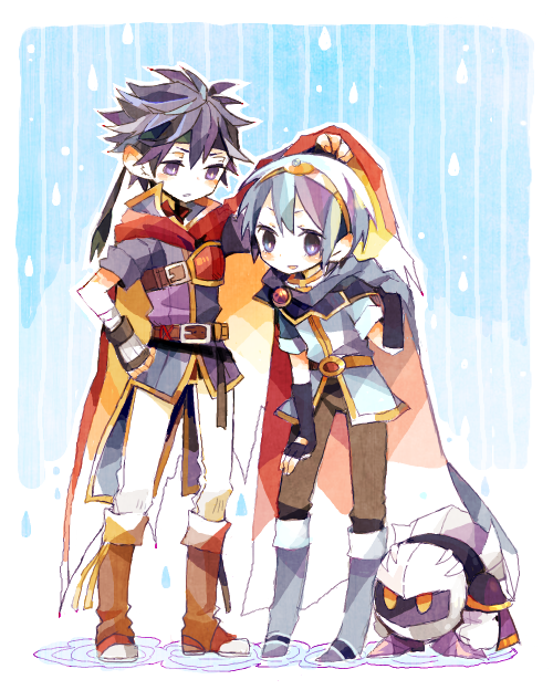 2boys, ao_(blue_bunny), bad_id, bad_pixiv_id, blue_eyes, blue_hair, cape, fire_emblem, fire_emblem:_mystery_of_the_emblem, fire_emblem:_path_of_radiance, gloves, headband, ike_(fire_emblem), kirby_(series), lifting_own_clothes, male_focus, marth_(fire_emblem), mask, meta_knight, multiple_boys, nintendo, rain, shared_cape, shared_clothes, side-by-side, smile, standing, super_smash_bros., tiara, yellow_eyes