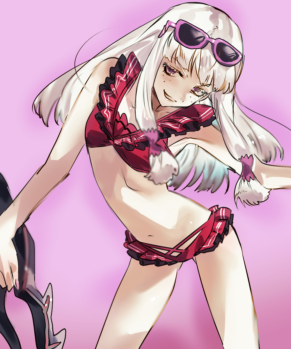 1girl, agria_(midsummer_girl)_(tales), agria_(tales), bikini, blunt_bangs, eyewear_on_head, freckles, grin