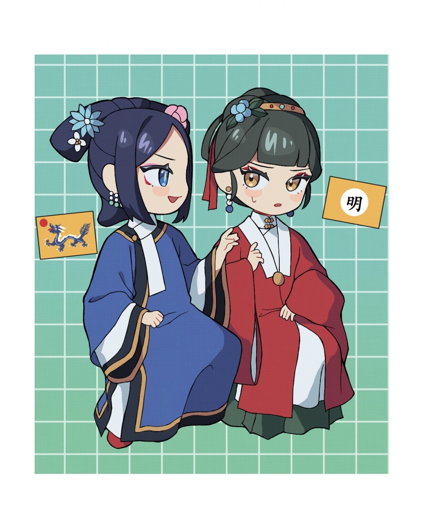 2girls, aoqun, beizi_(clothing), black_hair, blue_eyes, china_(kuroussa), chinese_clothes, earrings, eyeliner, flower, full_body, green_hair, hair_flower, hair_ornament, hanfu, highres, jewelry, kuroussa, liangbatou, looking_at_another, makeup, manchu_clothes, mandarin_collar, ming_dynasty, multiple_girls, open_mouth, original, pankou, pink_eyeliner, pleated_skirt, purple_hair, qing_dynasty, qing_dynasty_(kuroussa), red_eyeliner, scarf, skirt, slit_pupils, smile, white_scarf, yellow_eyes