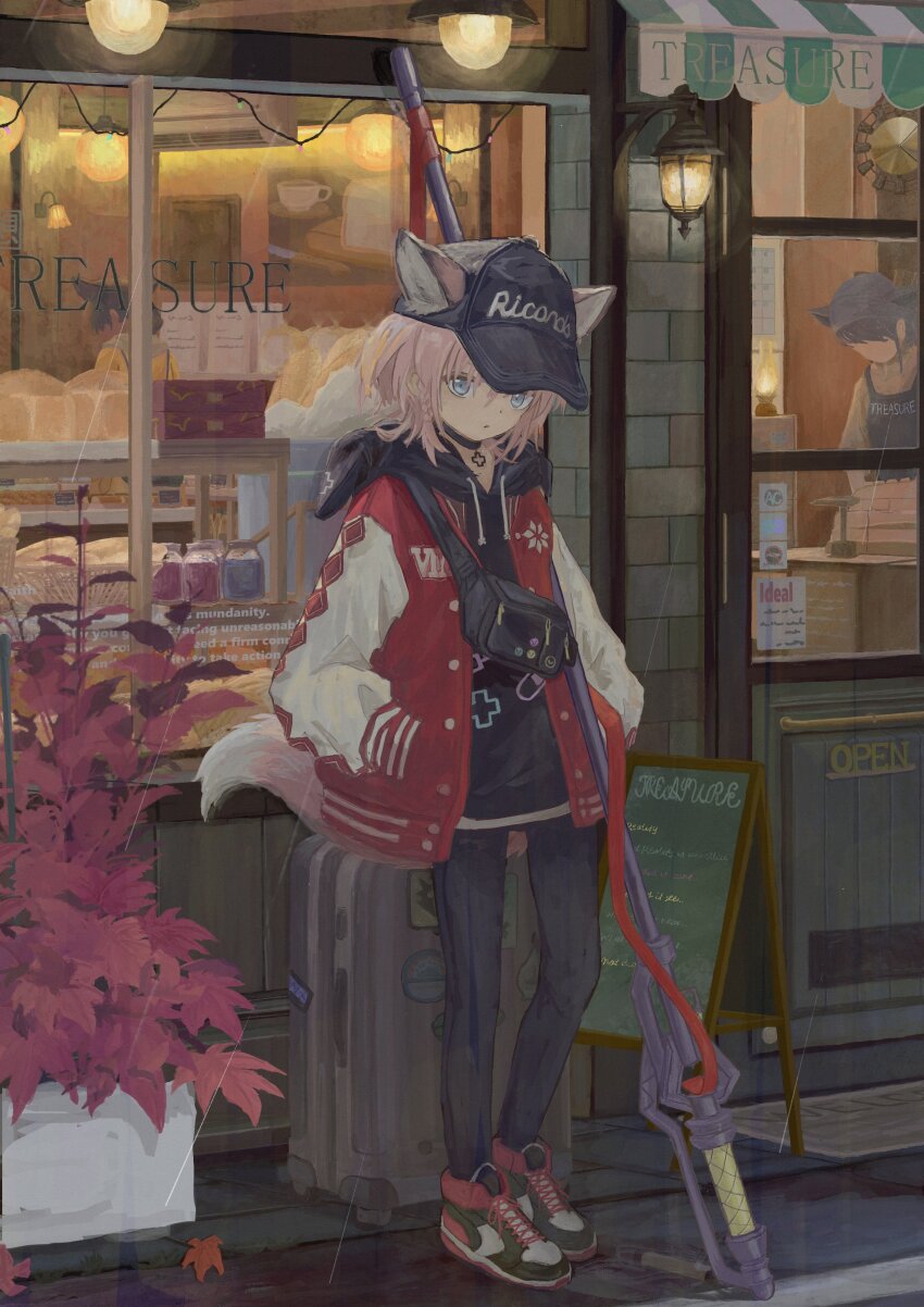 1girl, absurdres, animal_ears, arknights, black_choker, black_hat, black_leggings, blue_eyes