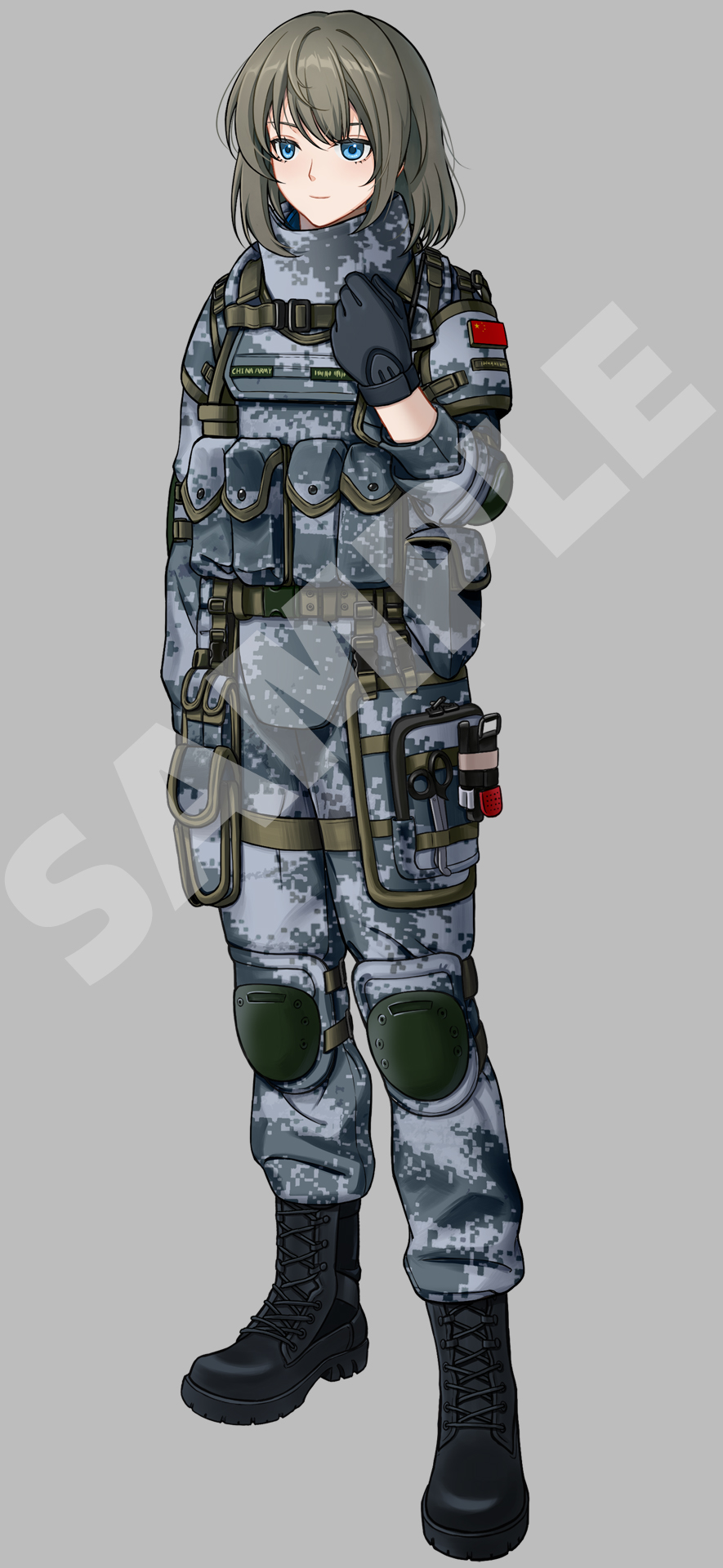 1girl, black_boots, black_gloves, blue_eyes, boots, brown_hair, camouflage, camouflage_jacket