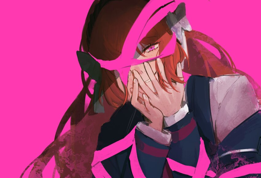 1girl, blending, bow, e.g.o_(project_moon), freckles, grin, hair_bow, hairband, hands_on_own_face, highres, ishmael_(project_moon), jacket, limbus_company, long_hair, long_sleeves, looking_at_viewer, one_eye_covered, orange_hair, pink_eyes, pink_ribbon, project_moon, qeoniiy, ribbon, roseate_desire_(e.g.o), smile, solo, suit_jacket