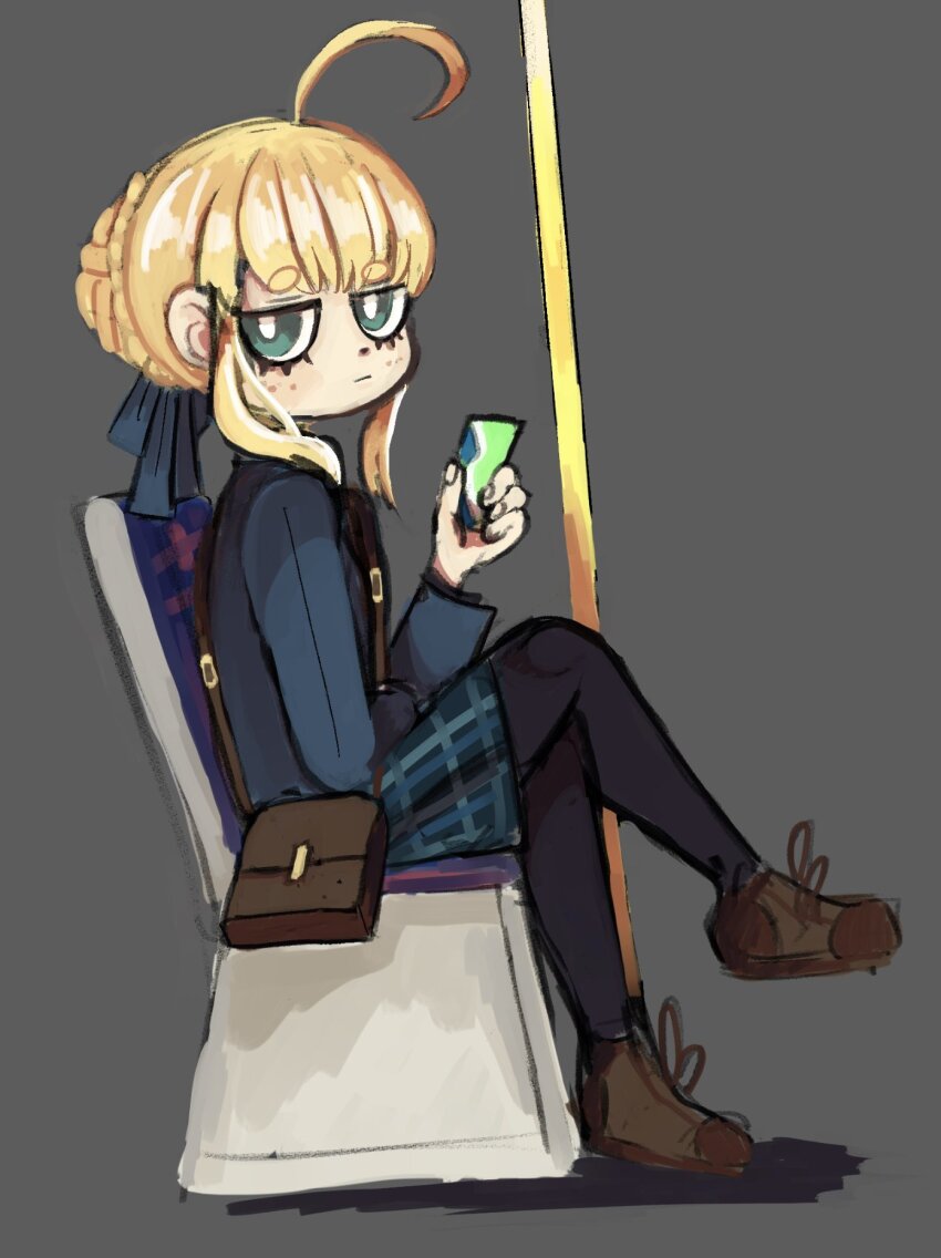 1girl, ahoge, alternate_costume, artoria_pendragon_(fate), bag, black_pantyhose, blonde_hair, blue_jacket