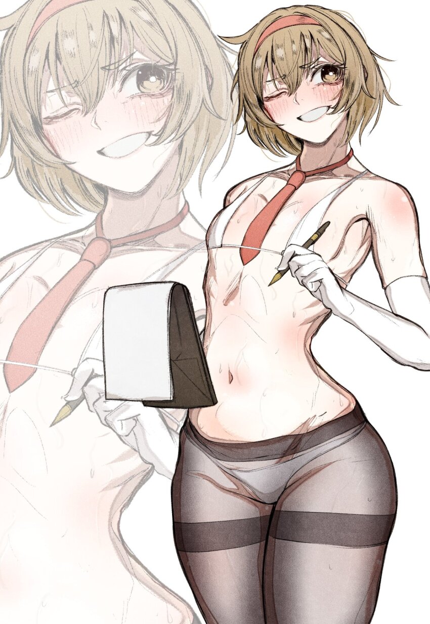 1girl, blush, bra, brown_eyes, brown_hair, elbow_gloves, flat_chest, gloves, hairband, highres, holding, holding_notepad, holding_pen, lobotomy_corporation, malkuth_(project_moon), micro_bra, nb8c, necktie, notepad, one_eye_closed, panties, panties_under_pantyhose, pantyhose, pen, project_moon, red_hairband, red_necktie, short_sleeves, smile, stomach, sweat, underwear, white_bra, white_panties