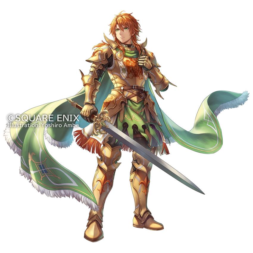 1boy, anbe_yoshirou, armor, artist_name, cape, closed_mouth, commentary_request, copyright_notice, full_body, gauntlets, gellard_(romancing_saga_2), gold_armor, green_cape, green_eyes, hair_between_eyes, hand_on_own_chest, highres, hip_armor, holding, holding_sword, holding_weapon, long_hair, male_focus, official_art, orange_hair, romancing_saga_2, saga, shoulder_armor, simple_background, solo, standing, sword, weapon, white_background