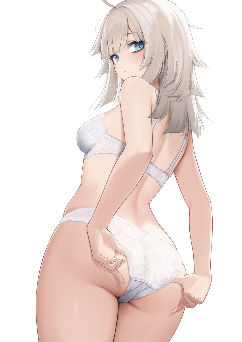 1girl, aa-12_(girls'_frontline), absurdres, adjusting_clothes, adjusting_panties, ass, back, bags_under_eyes, blue_eyes, bra, breasts, codename696, commentary_request, cowboy_shot, from_behind, girls'_frontline, grey_hair, highres, lingerie, long_hair, looking_at_viewer, looking_back, panties, simple_background, solo, underwear, underwear_only, white_background, white_bra, white_panties