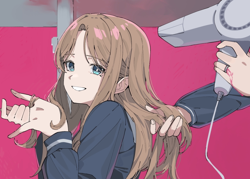 2girls, bang_dream!, bang_dream!_it's_mygo!!!!!, blue_eyes, blue_shirt, brown_hair, commentary_request, drying