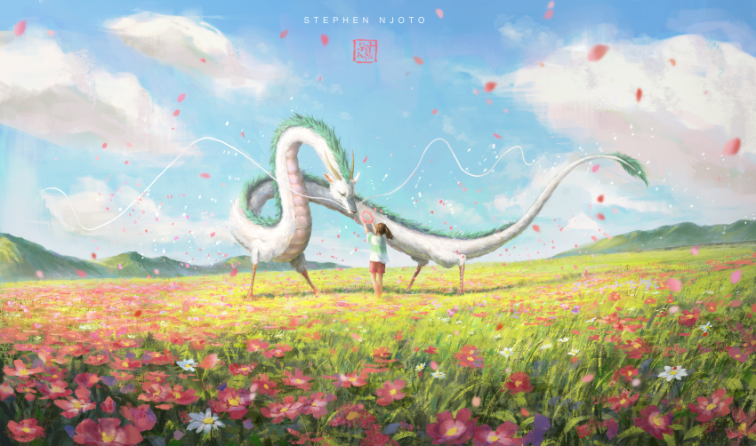 1girl, absurdres, artist_logo, artist_name, blue_sky, brown_hair, closed_mouth, cloud