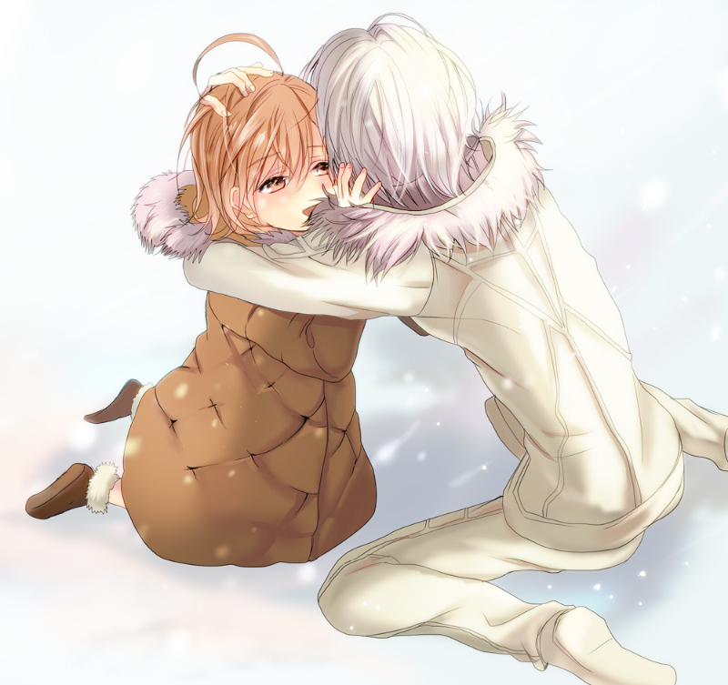 accelerator_(toaru_majutsu_no_index), ahoge, bad_id, bad_pixiv_id, brown_eyes, brown_hair, hug, jacket