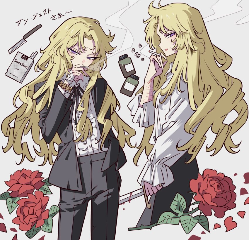 1girl, asaka_rei, bandaged_arm, bandages, black_jacket, black_pants, black_ribbon, black_suit, blonde_hair, blood, bloody_weapon, bracelet, center_frills, character_name, cigarette, collared_shirt, dagger, flower, formal_clothes, frills, hand_up, highres, holding, holding_cigarette, holding_dagger, holding_knife, holding_weapon, jacket, jewelry, knife, long_hair, long_sleeves, looking_at_viewer, meremero, neck_ribbon, oniisama_e..., pants, parted_bangs, pill, pill_bottle, purple_eyes, red_flower, red_rose, ribbon, rose, scar, self-harm_scar, shirt, simple_background, smile, smoking, standing, suit, translation_request, weapon, white_shirt