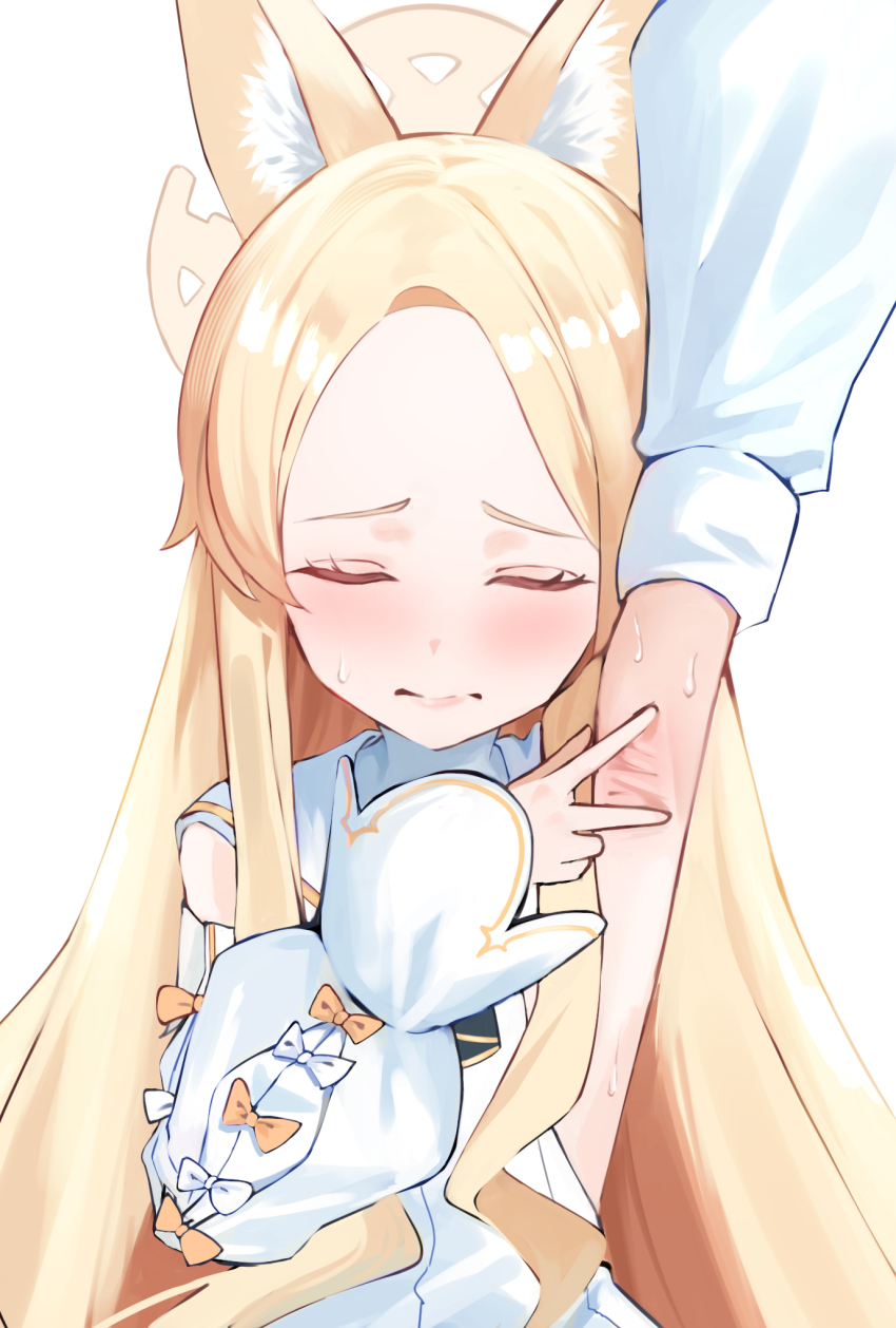 1girl, animal_ear_fluff, animal_ears, armpit_focus, armpits, blonde_hair, blue_archive, blush, bow, closed_eyes, closed_mouth, commentary, detached_sleeves, dress, fox_ears, halo, highres, long_hair, presenting_armpit, puranetto_(vjun4748), seia_(blue_archive), simple_background, solo, spread_armpit, sweat, white_background, white_bow, white_dress, white_sleeves, yellow_bow, yellow_halo