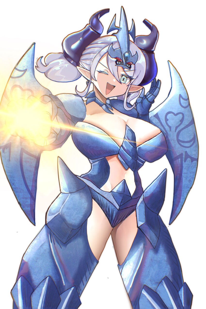 1girl, armor, blue_armor, breasts, cleavage, cosplay, cowboy_shot, demon_girl