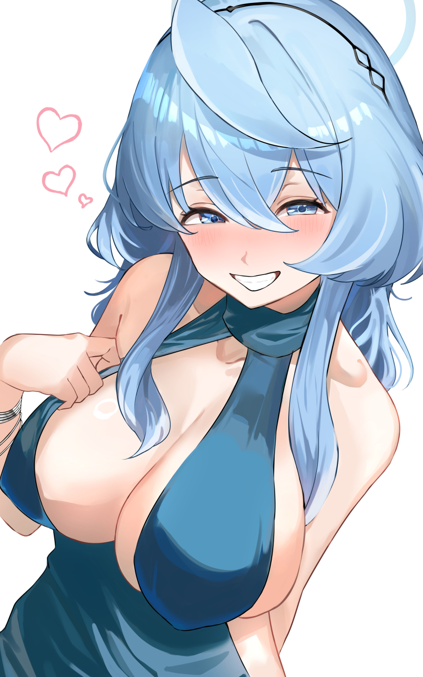 1girl, absurdres, ako_(blue_archive), ako_(dress)_(blue_archive), blue_archive, blue_dress, blue_eyes, blue_hair, blue_halo, blush, bracelet, breasts, collarbone, commentary, dress, grin, hair_between_eyes, halo, heart, highres, jewelry, large_breasts, looking_at_viewer, puranetto_(vjun4748), simple_background, smile, solo, teeth, white_background
